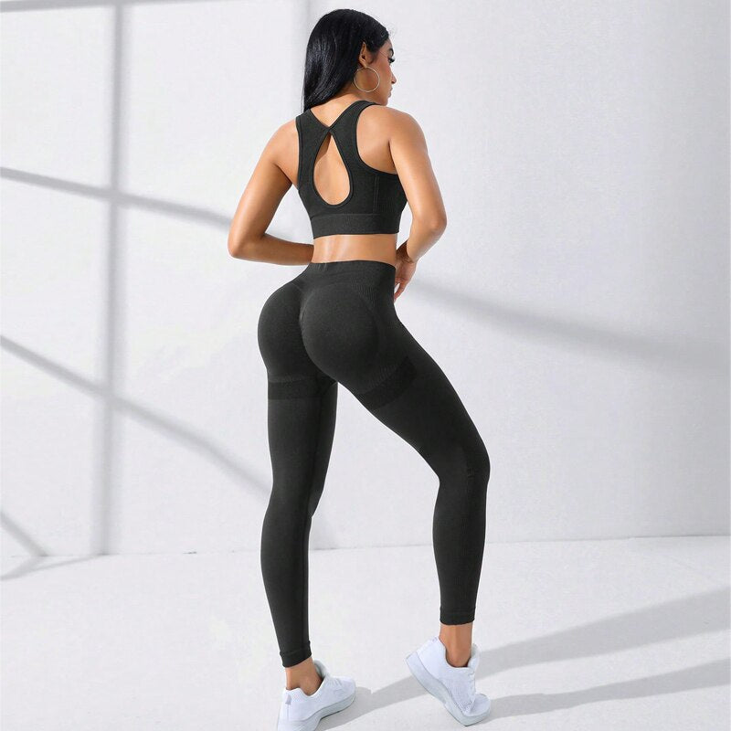 Seamless High Stretch 2-Piece Yoga Set with Crisscross Back Camisole and Tummy Control Leggings