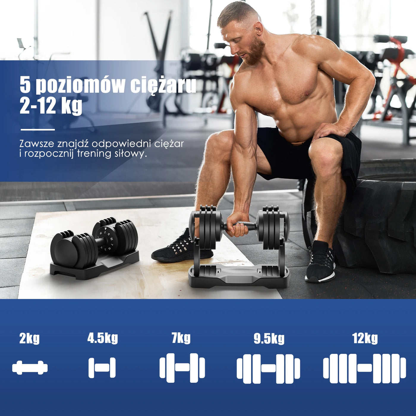 Adjustable Dumbbell Set: 2 to 12 KG with 5 Weight Levels and Weight Discs - Versatile 5-in-1 Short Dumbbells (Set of 2)