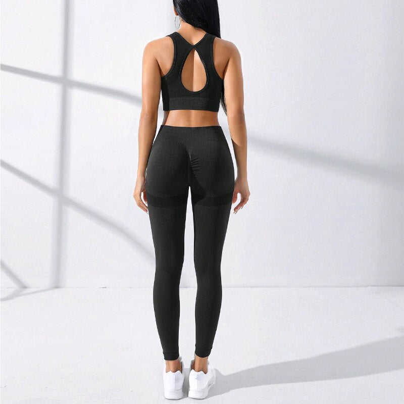 Seamless High Stretch 2-Piece Yoga Set with Crisscross Back Camisole and Tummy Control Leggings