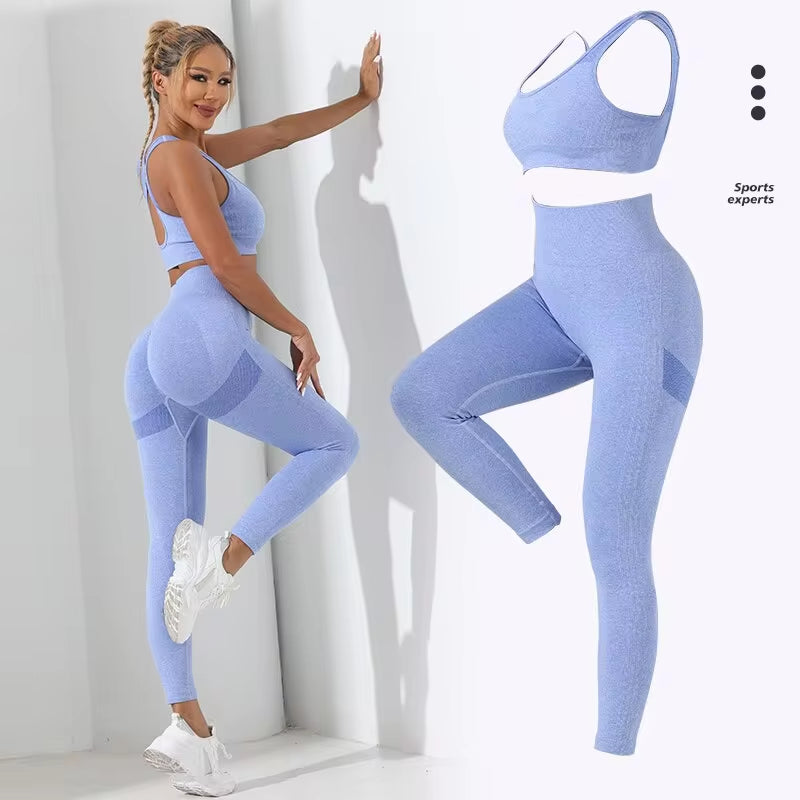 Seamless High Stretch 2-Piece Yoga Set with Crisscross Back Camisole and Tummy Control Leggings