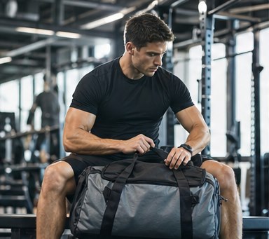 Athlet mit Sporttasche vor dem Training